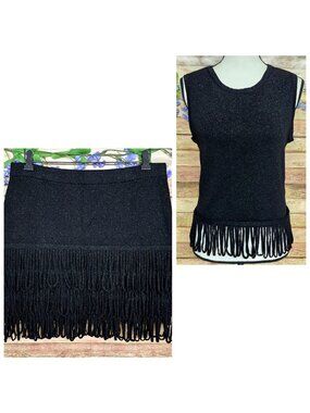 Anthropologie Endless Rose Sz L Black Metallic Loop Fringe Mini Skirt & Tank Top